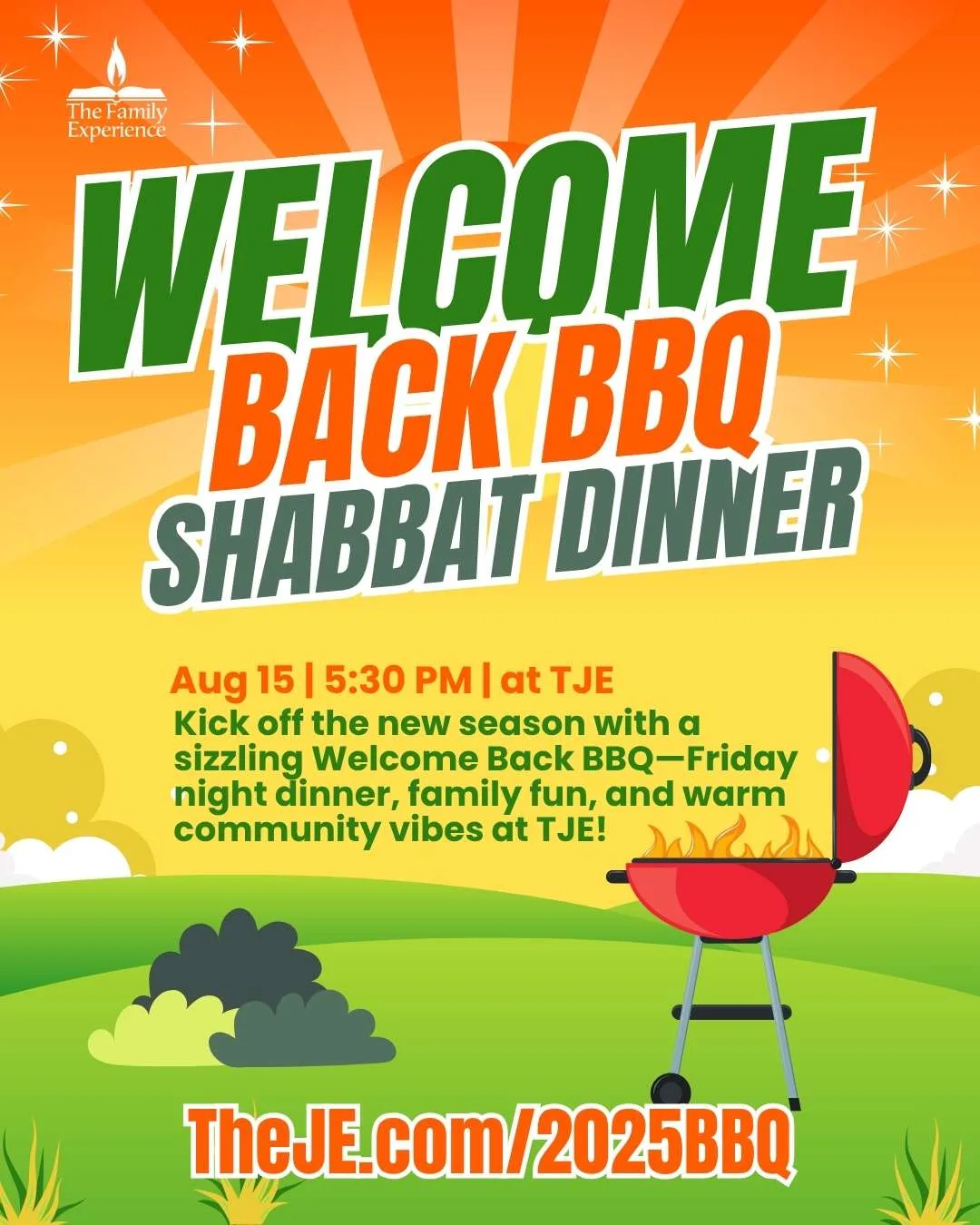 Image of bright park and bbq grill advertising a Family Shabbat Dinner to welcome students back from Summer